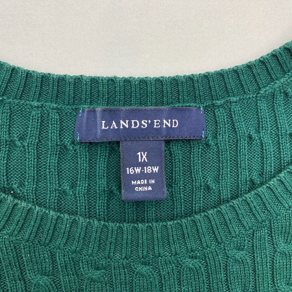 Lands End Cable Knit Sweater Green Cotton Knit Pullover Preppy Classic Size 1X - Picture 6 of 10
